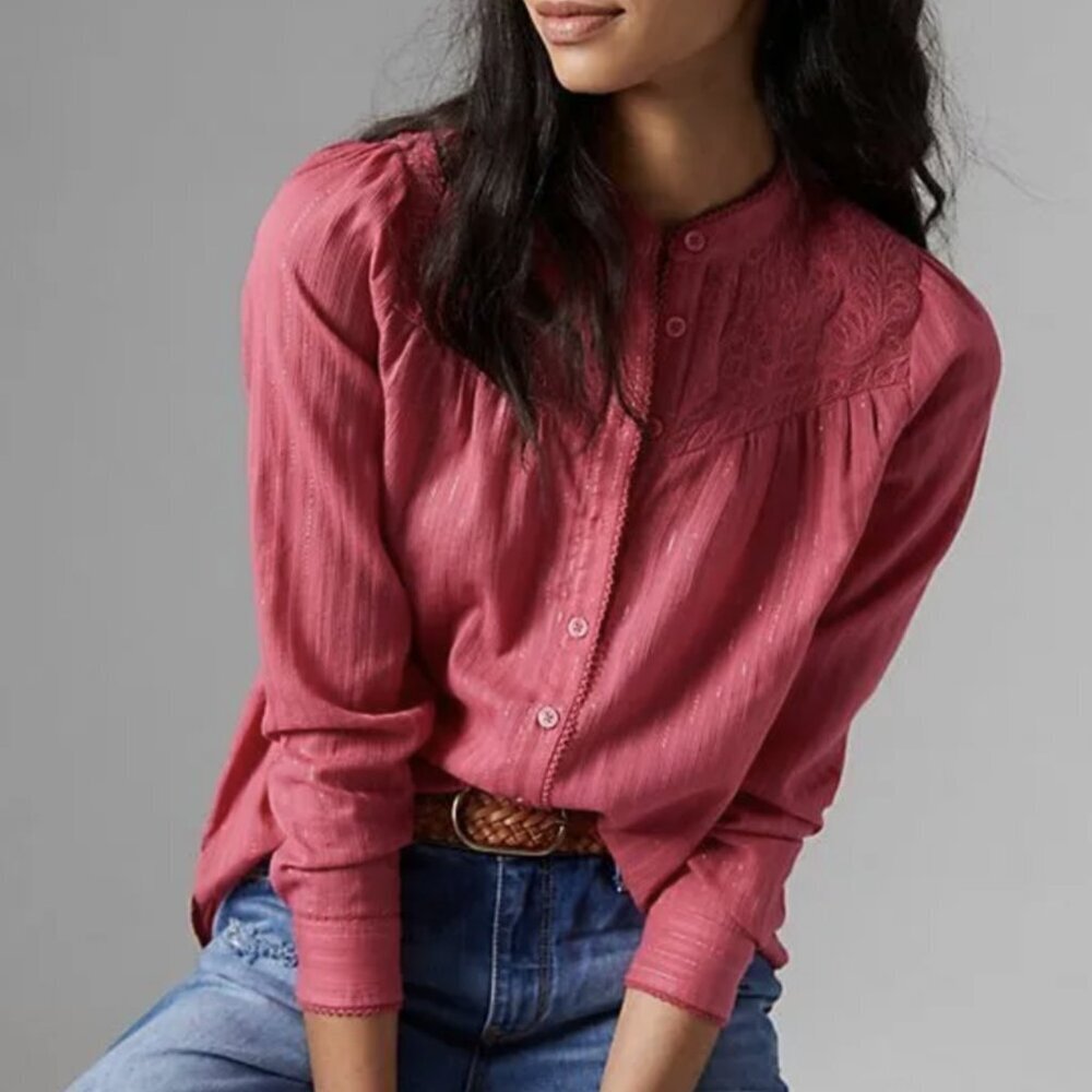 Pilcro Pink & Gold Metallic Button Up Victoria Shirt Sz 4 Anthropologie